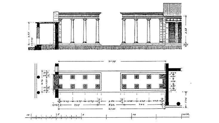 Rekonstruktion und Grundriss des Hafentors